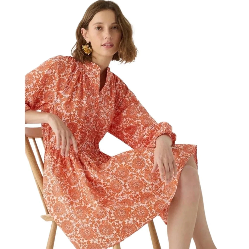 Nwot J.Crew Orange White Floral LS Ruffled Neck Fit/Flare Button Front  Dress